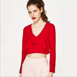 ZARA Red Cropped Long Sleeve Top with Ruffles